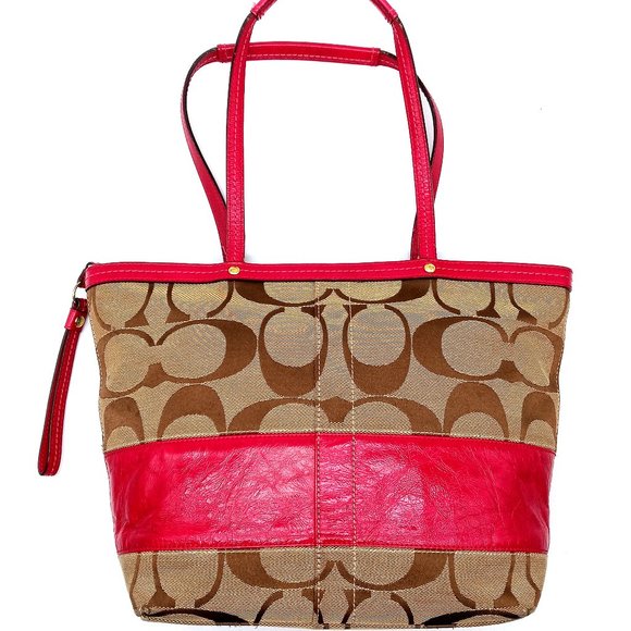 Coach Handbags - EUC Coach Signature Stripe Patent Leather Tote Shoulder Bag Khaki Pink 12429.